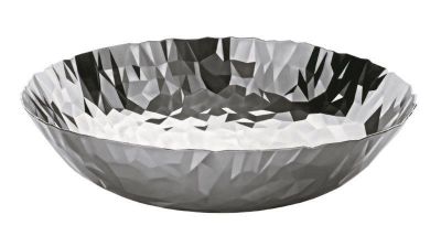 Alessi Joy n.1 Tafelaufsatz: Silberne Schale mit geometrischem, facettiertem Design für Tischdekoration.